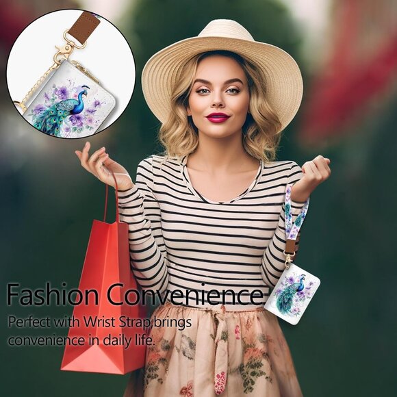 Credit Card Holder for Women, Peacock Small RFID Blocking Wallet with Wristlet S - Picture 4 of 6